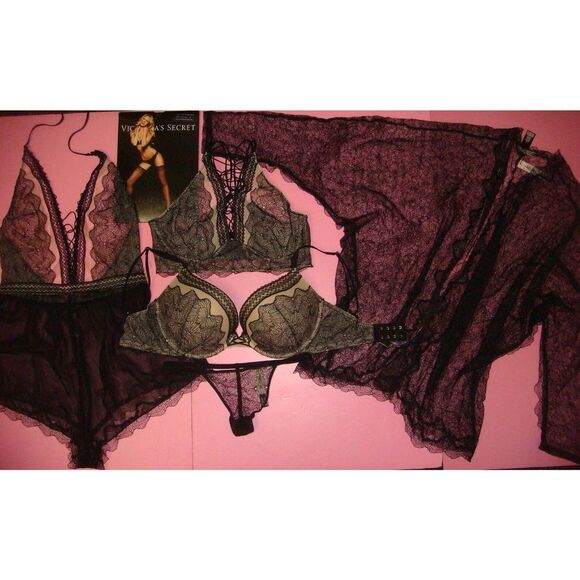 Victoria's Secret 32DDD BRA SET+bralette+TEDDY romper+KIMONO beige BLACK lace